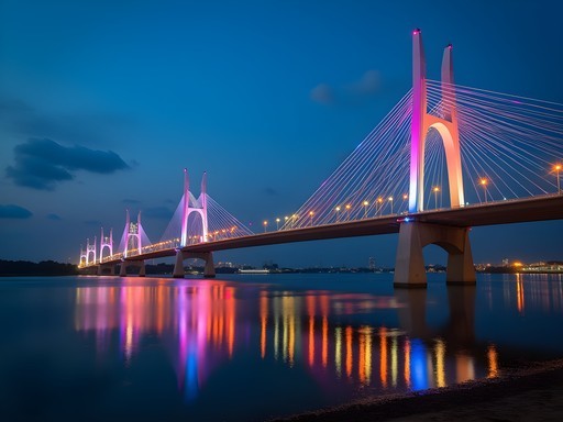 Long exposure night photography of illuminated Suramadu Bridge in Surabaya with colorful light reflections on water