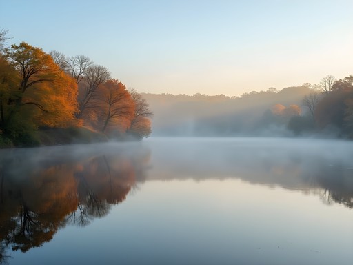 Misty morning landscape of Onondaga Lake with fall foliage reflections