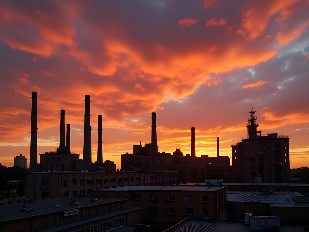 Silhouette of Syracuse industrial buildings against dramatic sunset sky