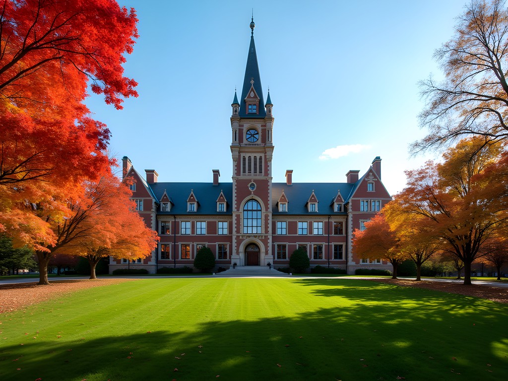 Syracuse University Hall of Languages surrounded by vibrant fall foliage