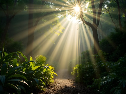 Dramatic light rays filtering through Tayrona National Park jungle canopy