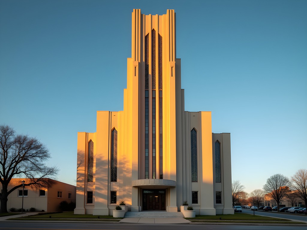 Boston Avenue Methodist Church tower illuminated by golden sunrise light in Tulsa