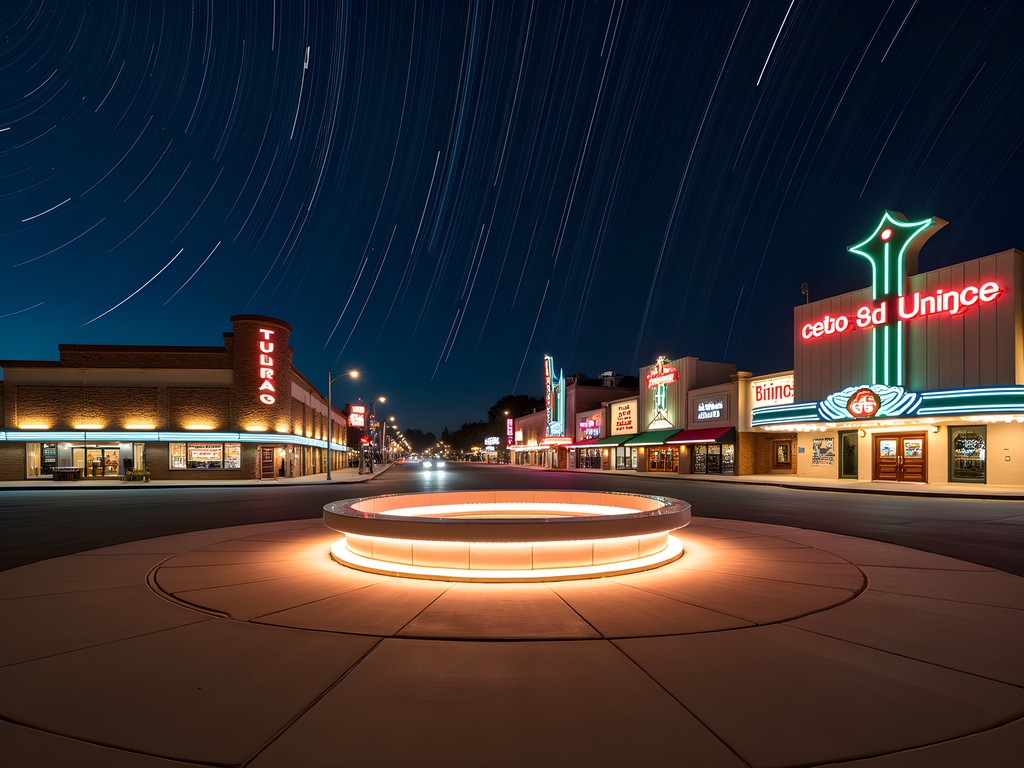 Night photography of Tulsa's Center of the Universe with star trails and city lights