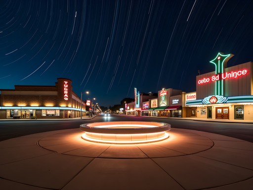 Night photography of Tulsa's Center of the Universe with star trails and city lights