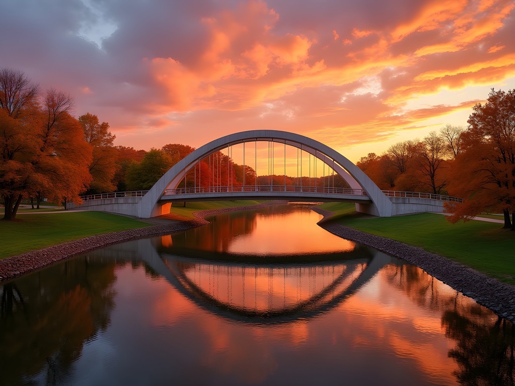 Gathering Place park in Tulsa during fall golden hour with colorful foliage and architectural elements