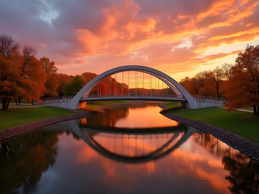 Gathering Place park in Tulsa during fall golden hour with colorful foliage and architectural elements