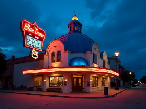 Historic Blue Dome building with neon signs illuminated at twilight in Tulsa