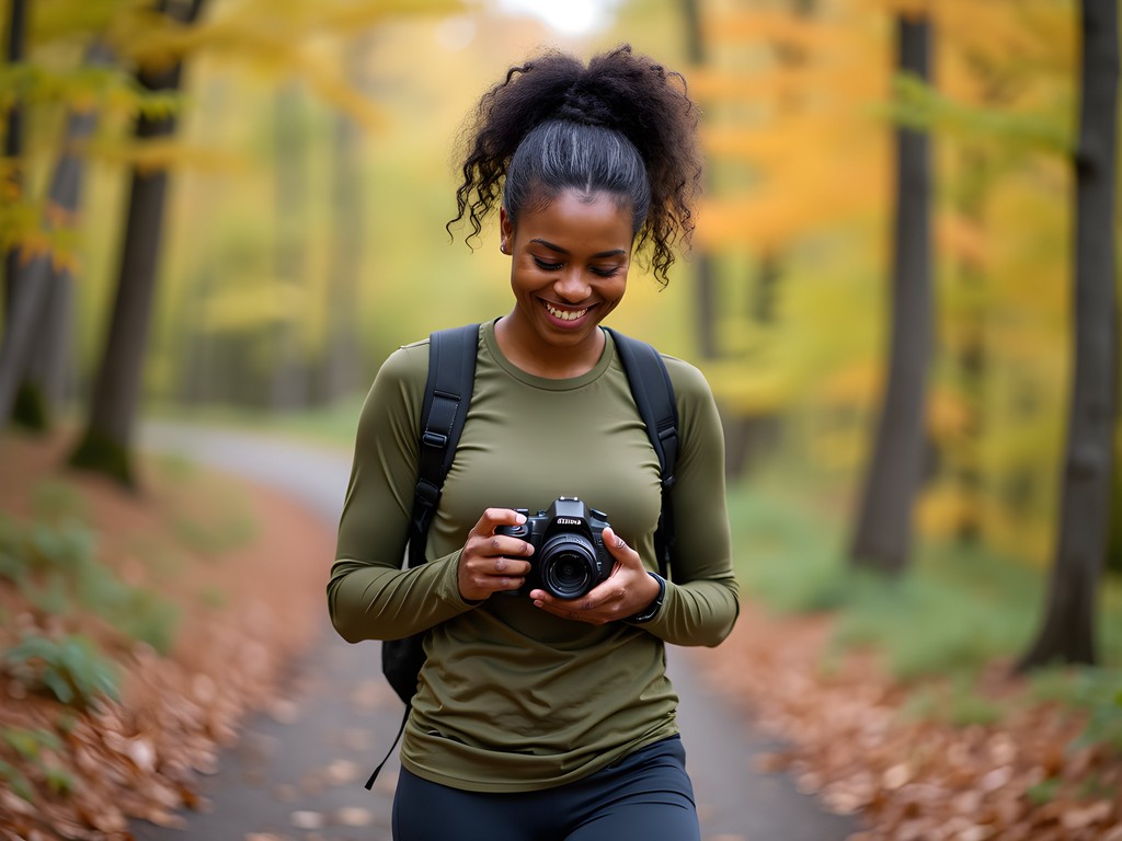 Travel photographer on hiking trail at Lake Lurleen State Park during fall season