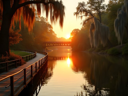 Golden hour light reflecting on Black Warrior River with wooden boardwalk in Tuscaloosa Alabama