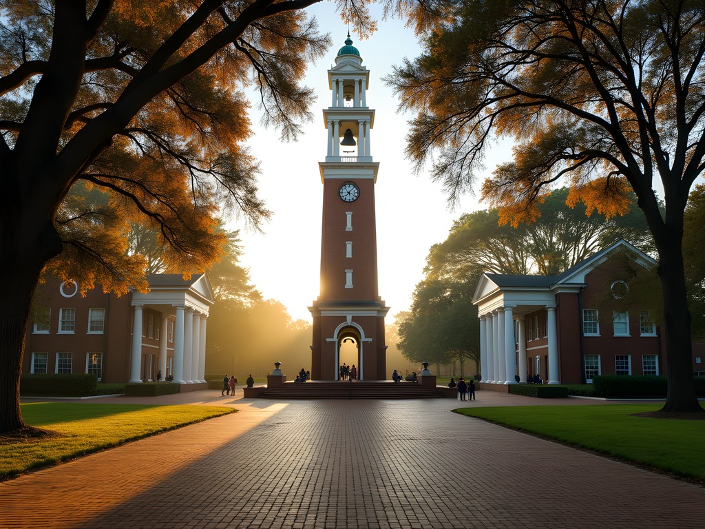 Denny Chimes bell tower on University of Alabama campus with fall foliage and morning mist