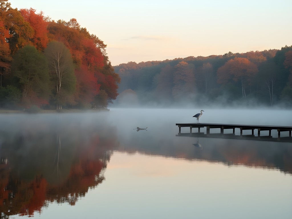 Lake Lurleen State Park Alabama with perfect fall foliage reflections in still morning water