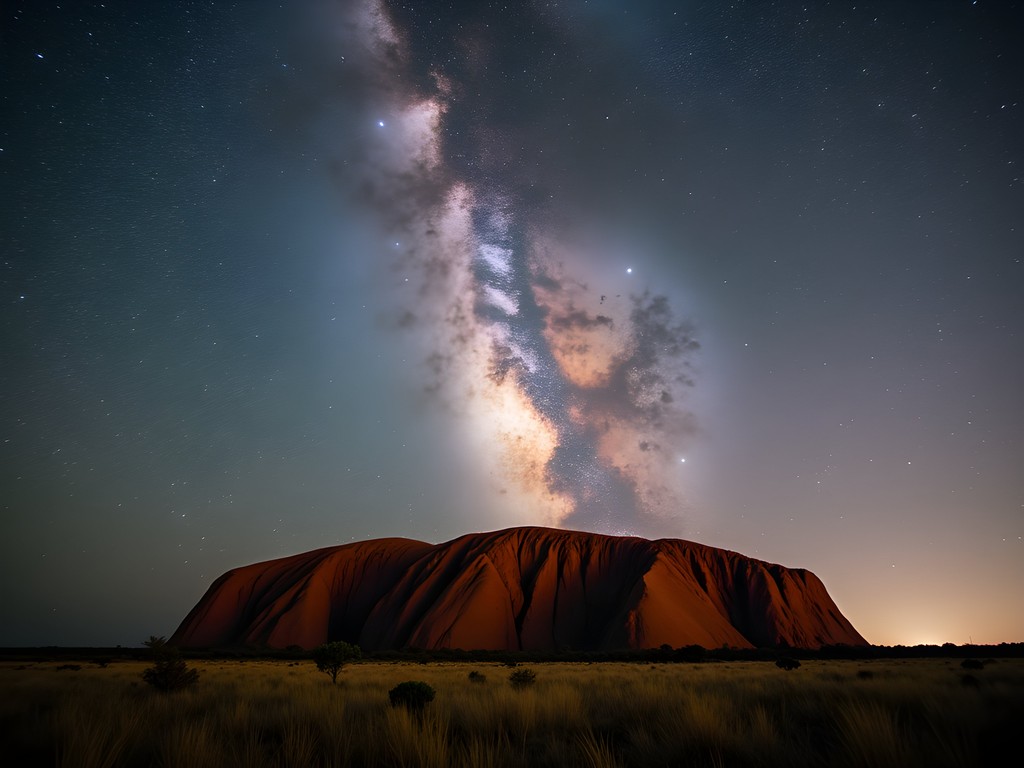 Milky Way arching dramatically over Uluru at night