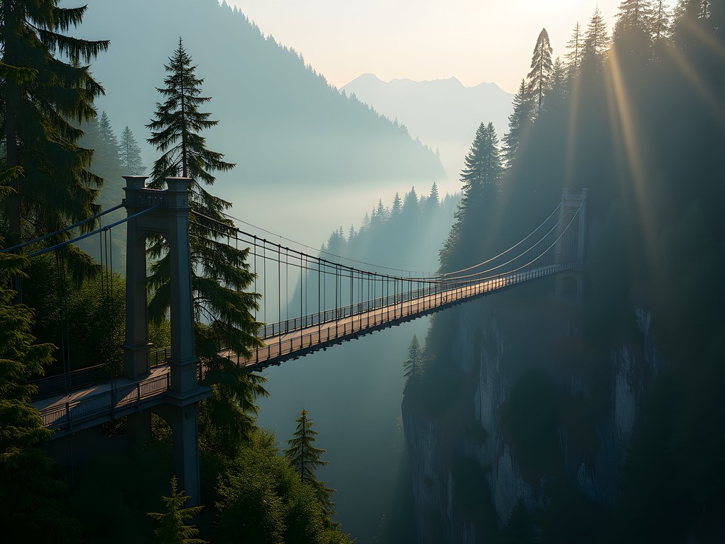 Capilano Suspension Bridge stretching across misty forest canyon in early morning light