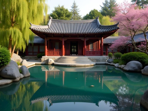 Perfect reflections of traditional Chinese architecture in still pond at Dr. Sun Yat-Sen Garden