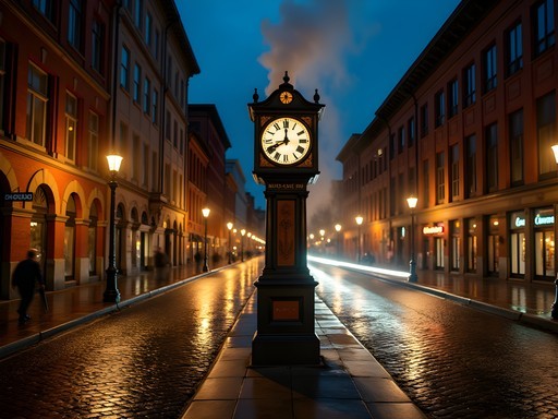 Gastown Steam Clock illuminated at night with cobblestone streets and gaslights