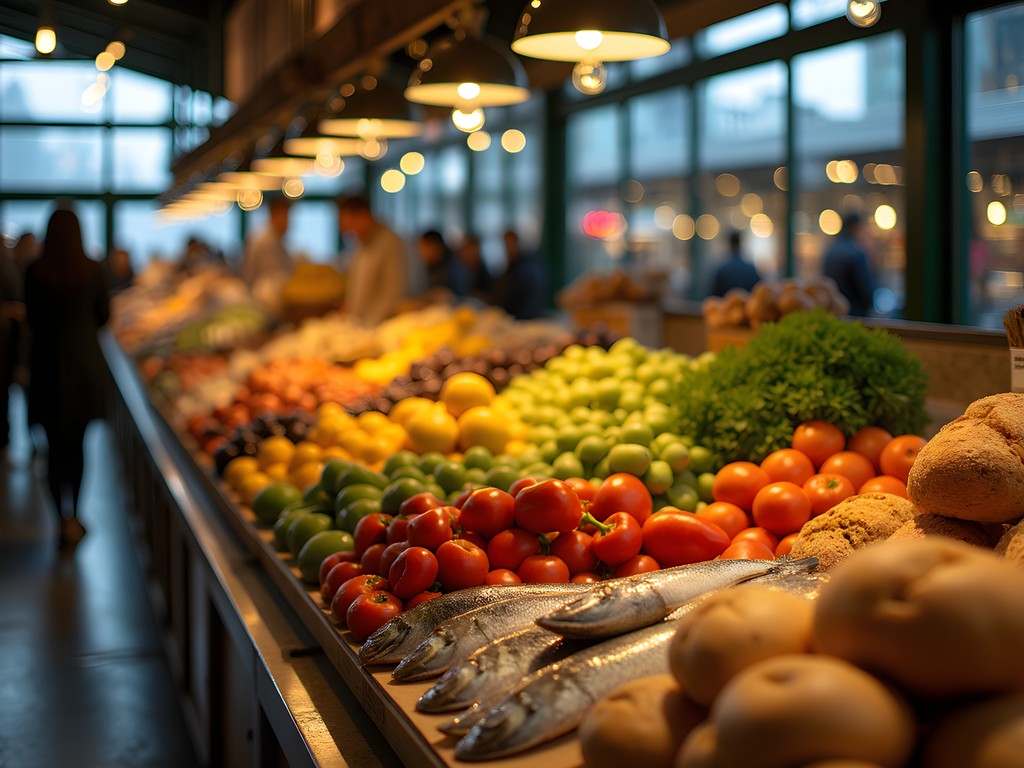 Morning light streaming through Granville Island Public Market illuminating colorful produce displays