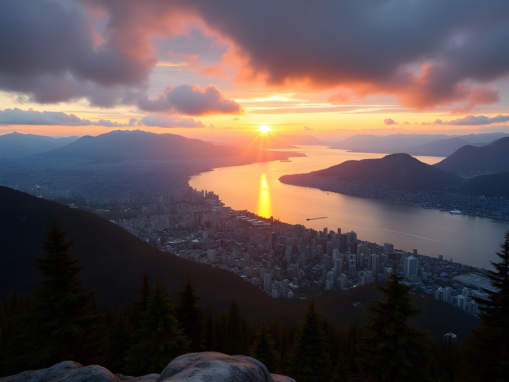 Sunset aerial view from Grouse Mountain showing Vancouver cityscape, ocean and mountains