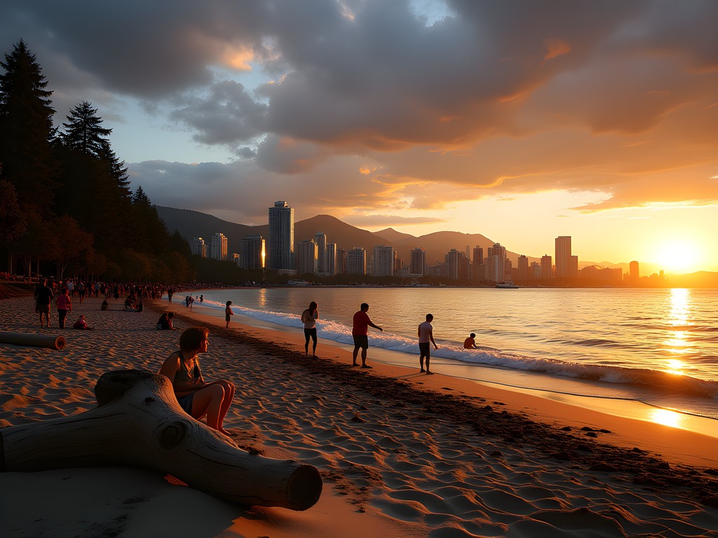 Sunset view from Kitsilano Beach with Vancouver skyline and mountains in background