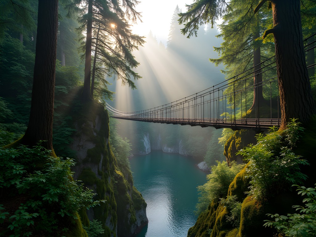Lynn Canyon Suspension Bridge with sunbeams filtering through misty forest canopy