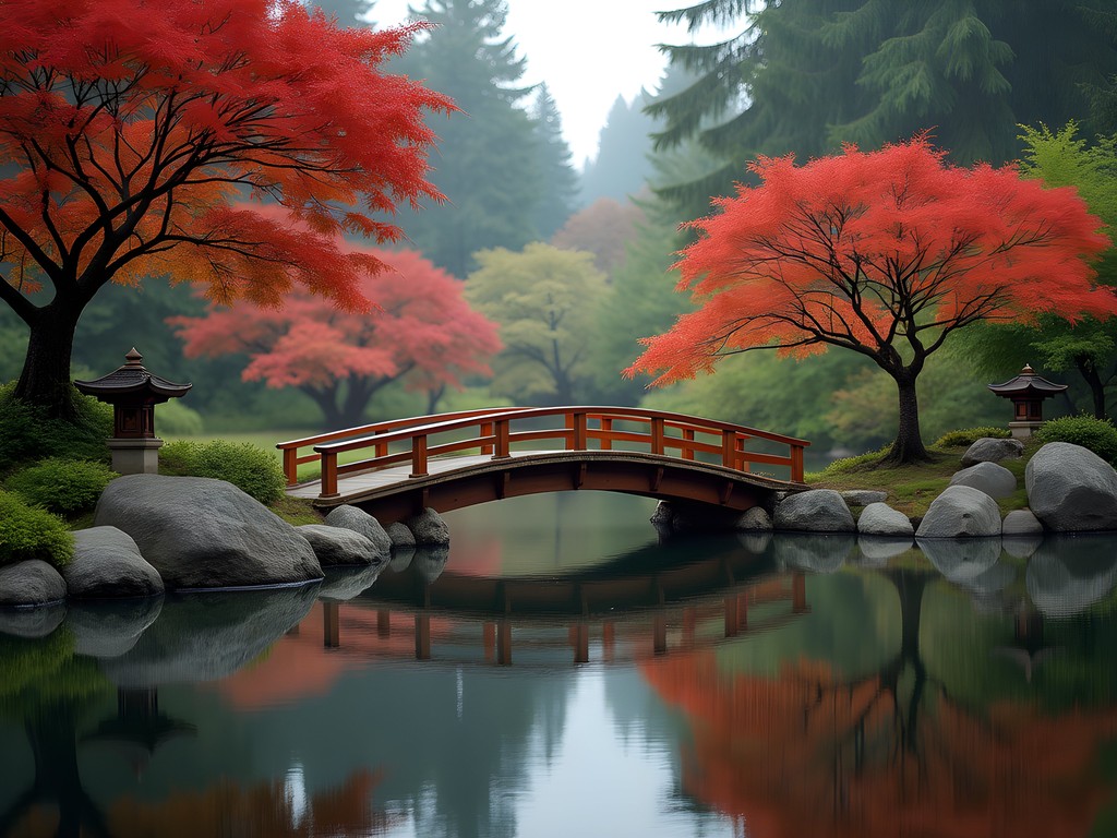 Traditional wooden bridge with perfect reflections in still pond at Nitobe Memorial Garden