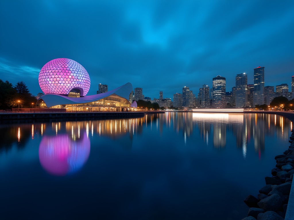 Science World geodesic dome illuminated at blue hour with perfect reflections in False Creek