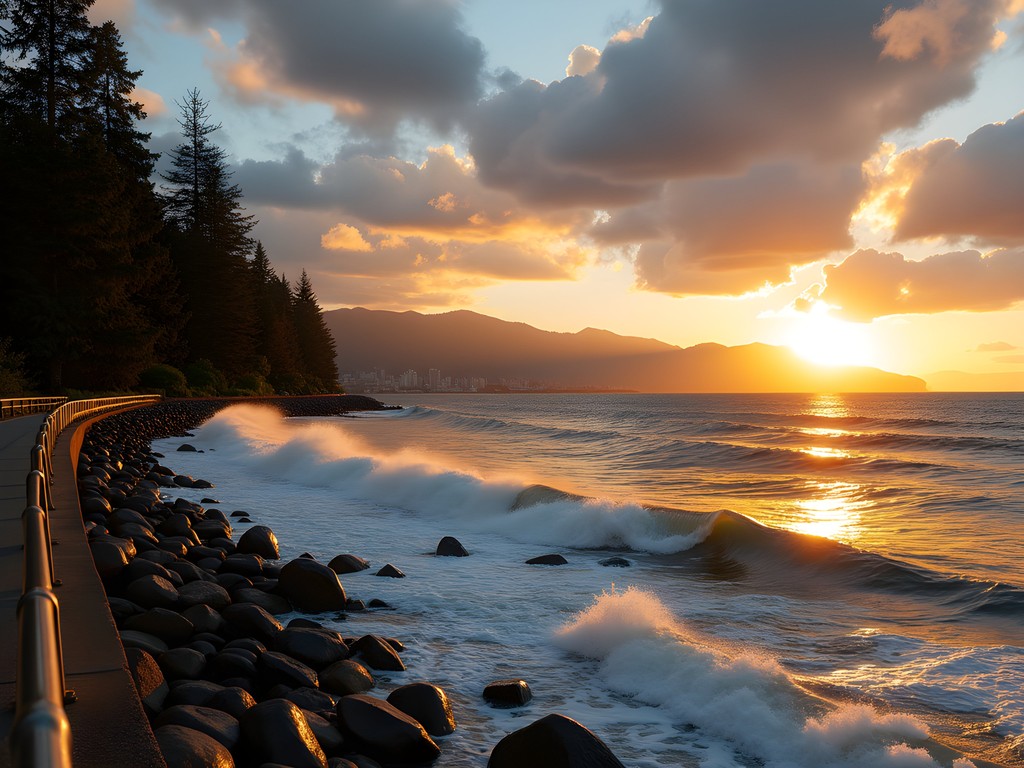 Golden sunset light illuminating Stanley Park Seawall with mountains in background