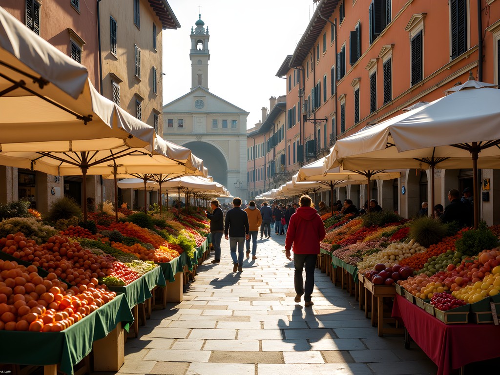 Morning market scene at Piazza delle Erbe in Verona Italy with colorful produce