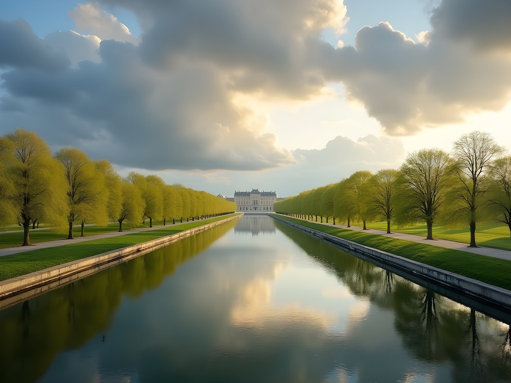 Grand Canal at Versailles reflecting dramatic clouds and palace architecture