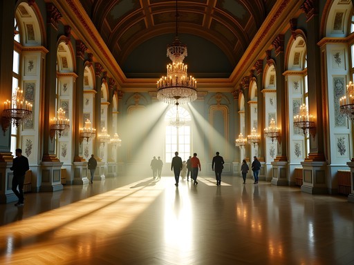 Hall of Mirrors at Versailles with dramatic light beams streaming through windows