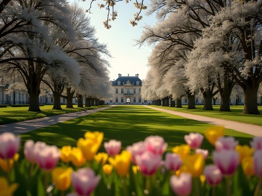 Petit Trianon gardens with soft lighting and architectural details