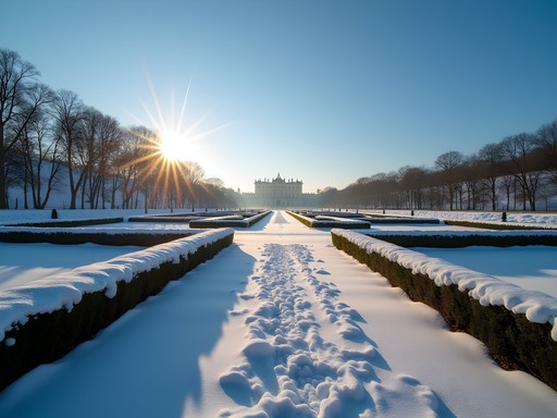Versailles gardens covered in fresh snow with geometric patterns and long shadows