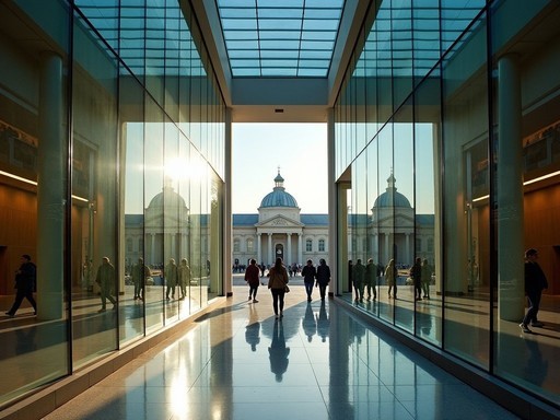 Glass facade of Albertina museum in Vienna reflecting historic architecture creating layered composition