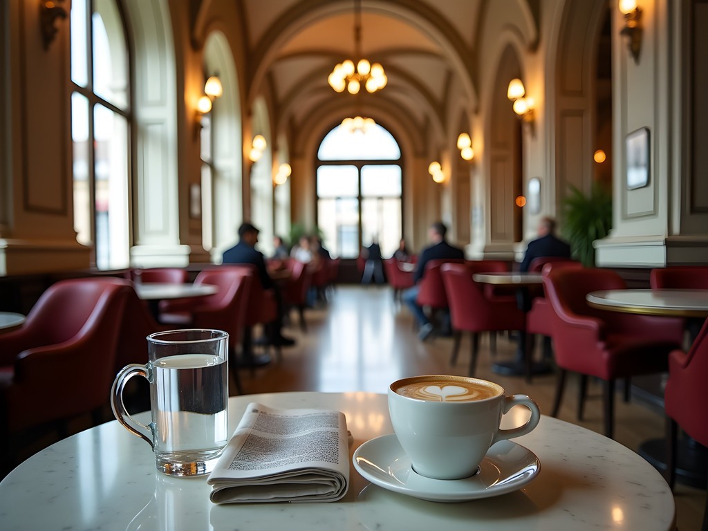 Interior of historic Café Central in Vienna with vaulted ceilings, marble columns and traditional coffee service