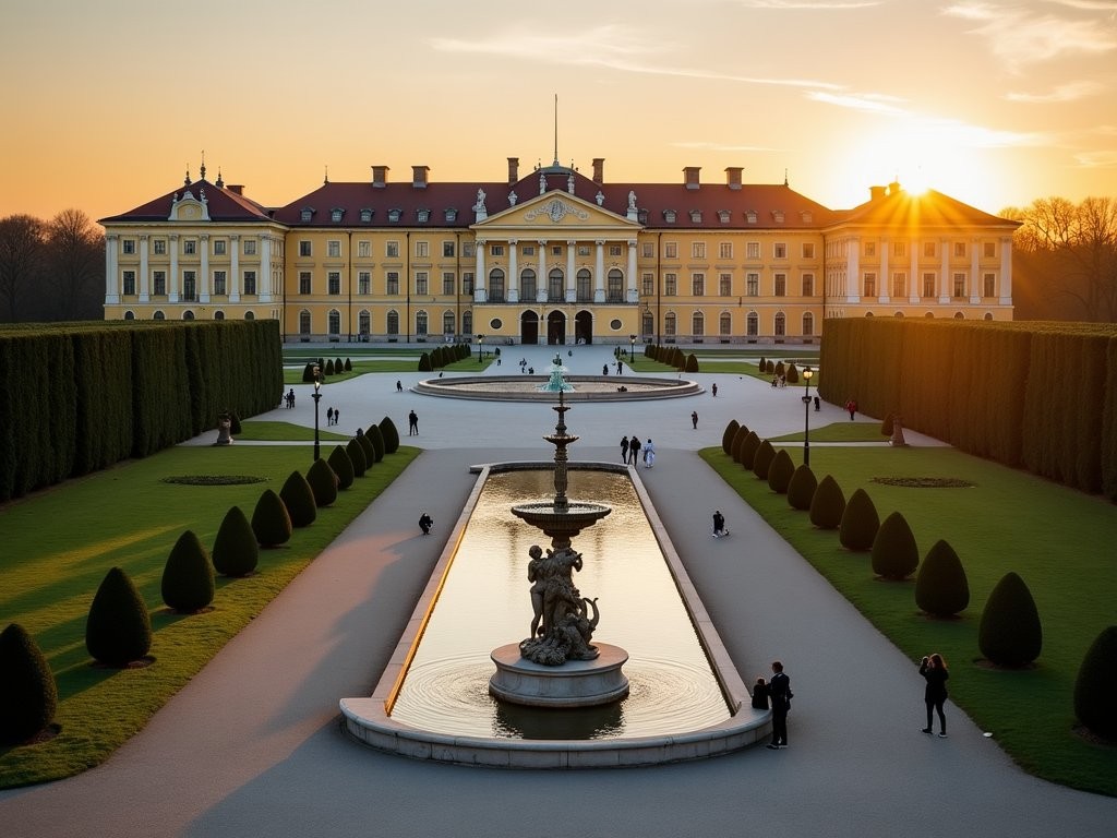 Golden morning light illuminating Schönbrunn Palace in Vienna with formal gardens in foreground
