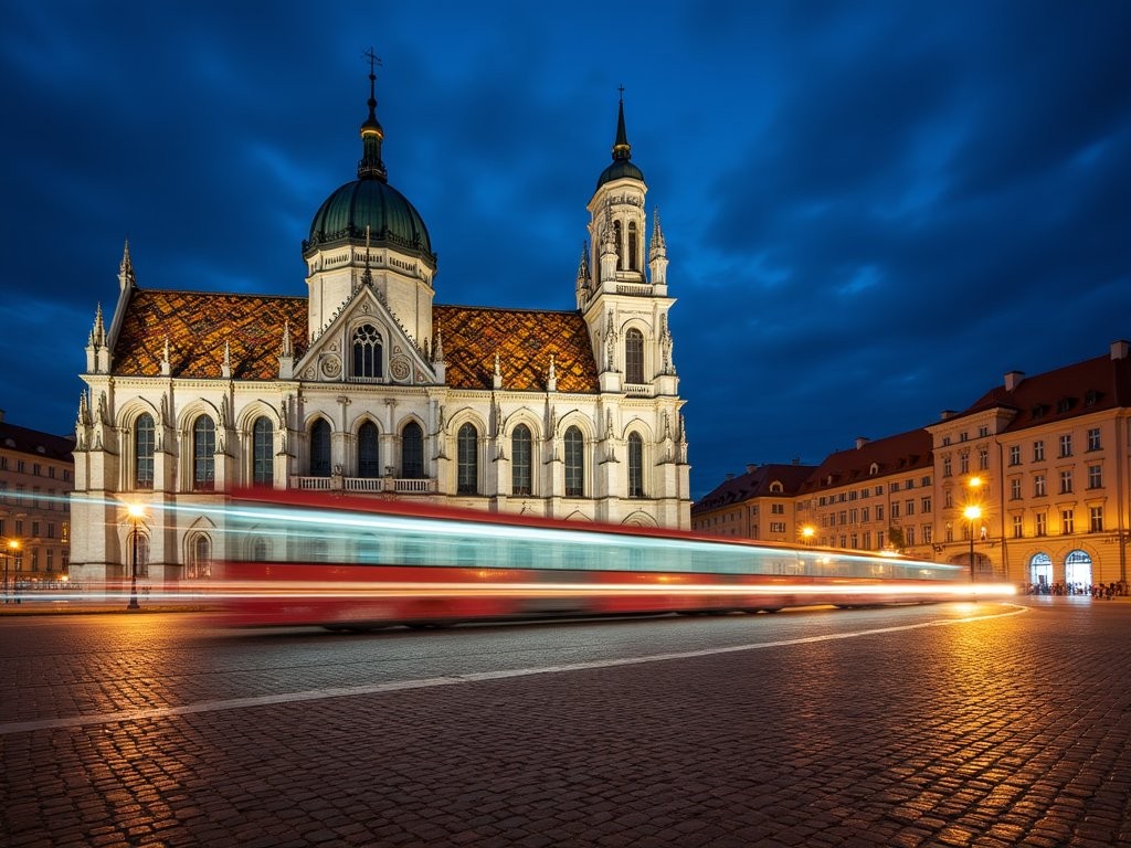 St. Stephen's Cathedral in Vienna illuminated at night with light trails from trams in foreground