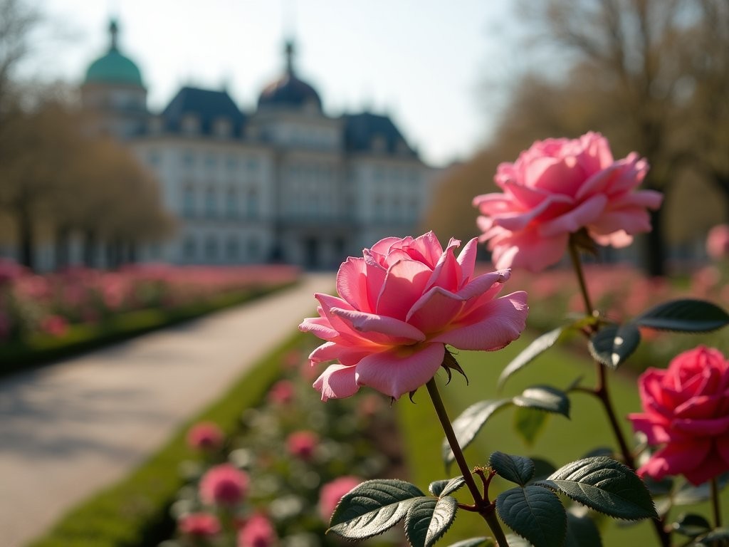 Blooming roses in Vienna's Volksgarten with Hofburg Palace in background during spring