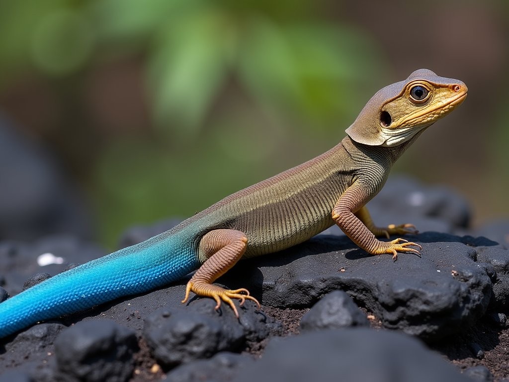 Saint Lucia whiptail lizard with bright blue tail on rocky terrain in Maria Islands Nature Reserve