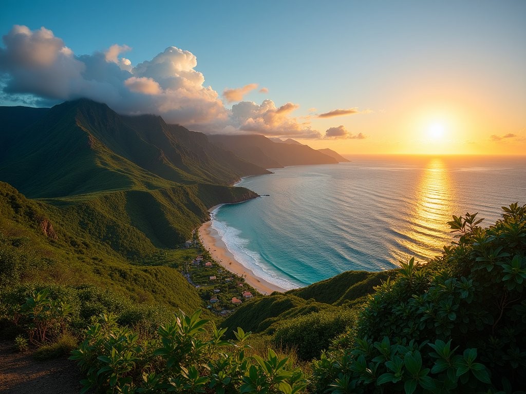 Panoramic sunset view from Moule a Chique Road showing coastline where Caribbean Sea meets Atlantic Ocean