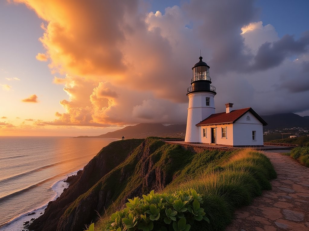 Historic white Vieux Fort Lighthouse against dramatic sunset sky with Atlantic Ocean and Caribbean Sea visible below