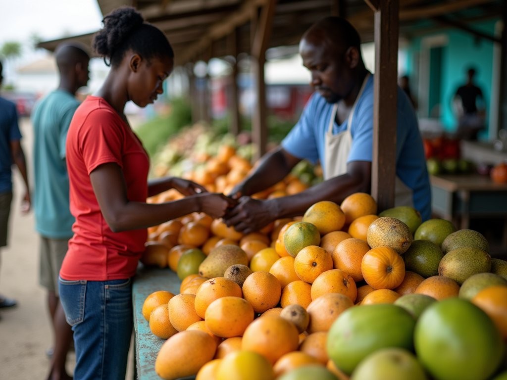 Local vendor arranging colorful tropical fruits at the Saturday morning market in Vieux Fort, Saint Lucia
