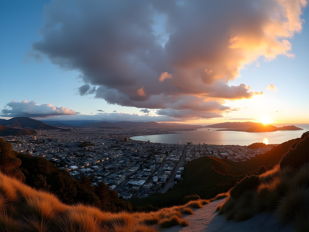 Panoramic sunset view of Wellington from Mount Victoria Lookout with dramatic cloud formations
