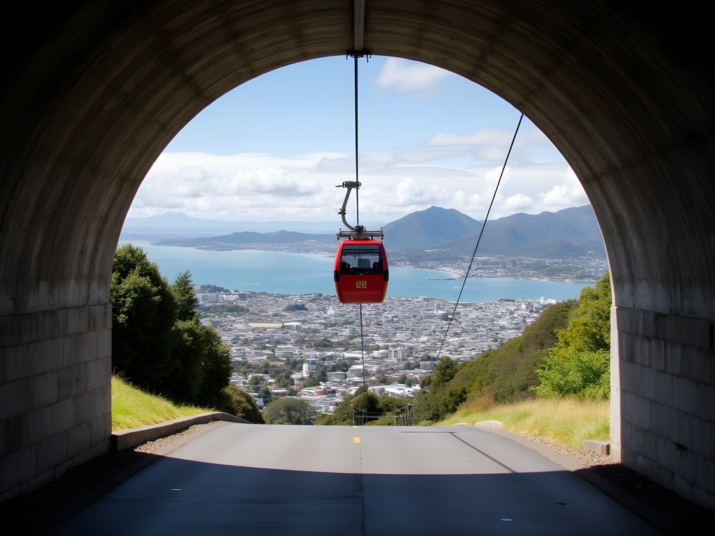 Red Wellington Cable Car emerging from tunnel with panoramic harbor view in background