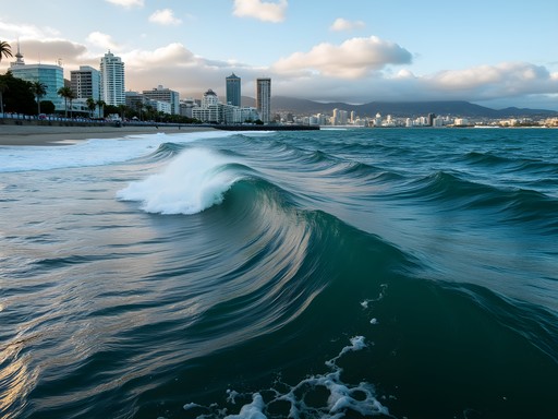 Wellington harbor showing distinctive wind-generated wave patterns with city skyline backdrop