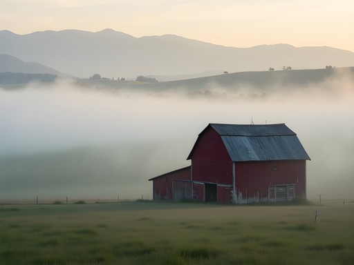 Weathered red barn in morning fog along Old Naches Highway near Yakima
