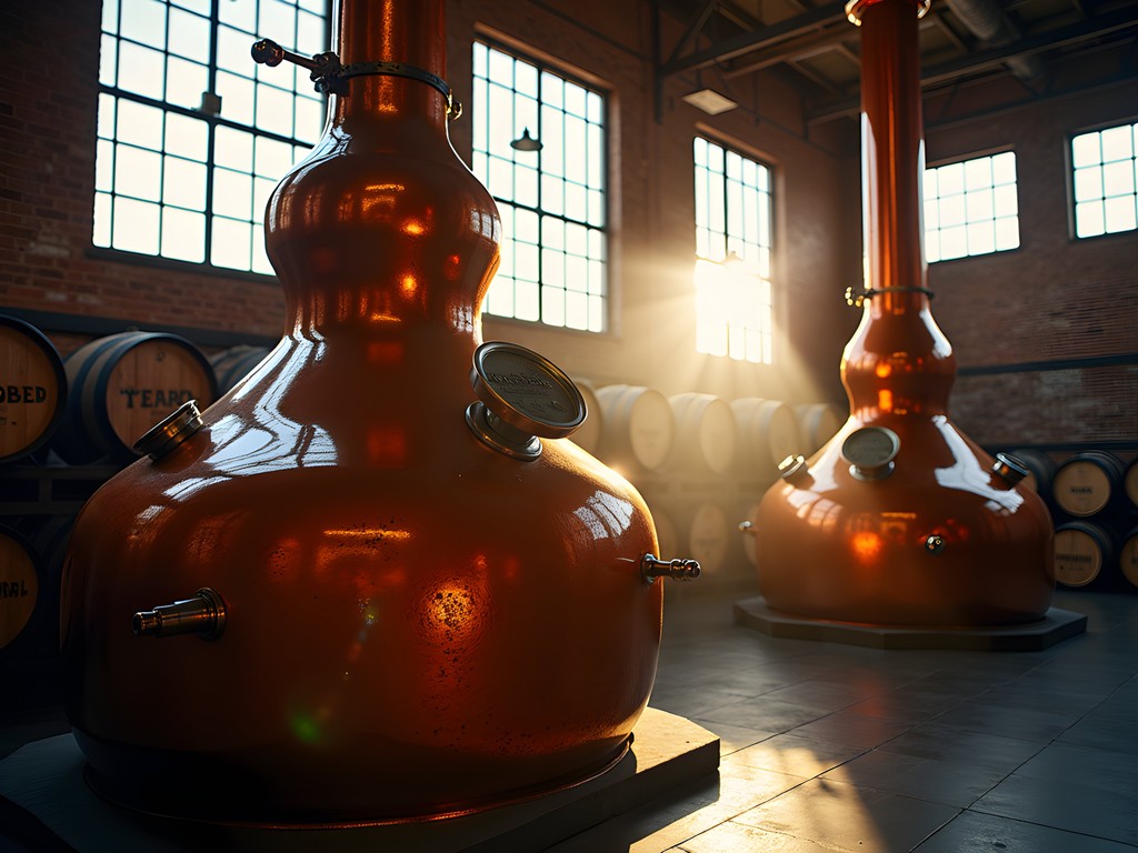 Copper still illuminated by afternoon light at Swede Hill Distilling in Yakima