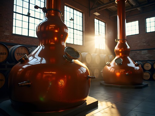 Copper still illuminated by afternoon light at Swede Hill Distilling in Yakima