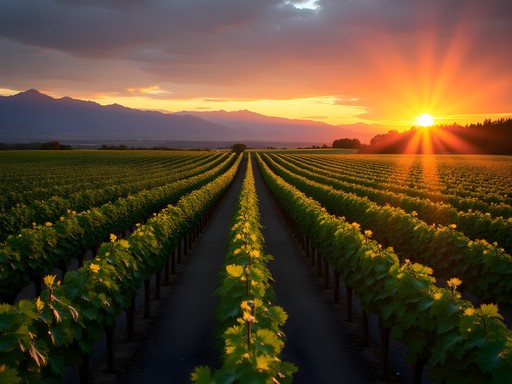 Panoramic view of Yakima Valley vineyards at sunset with mountains in background