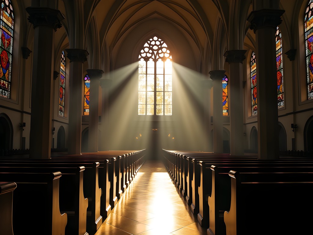 Dramatic light beams through stained glass windows in Basilica of Our Lady of Peace