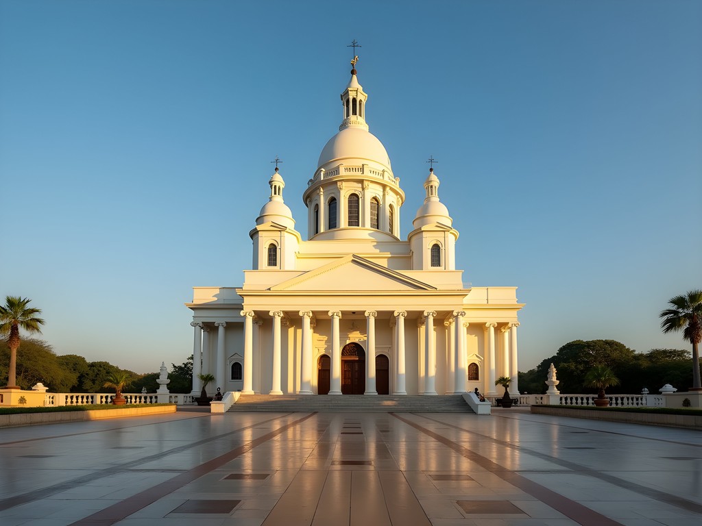 Basilica of Our Lady of Peace in Yamoussoukro at sunrise with golden light illuminating the dome