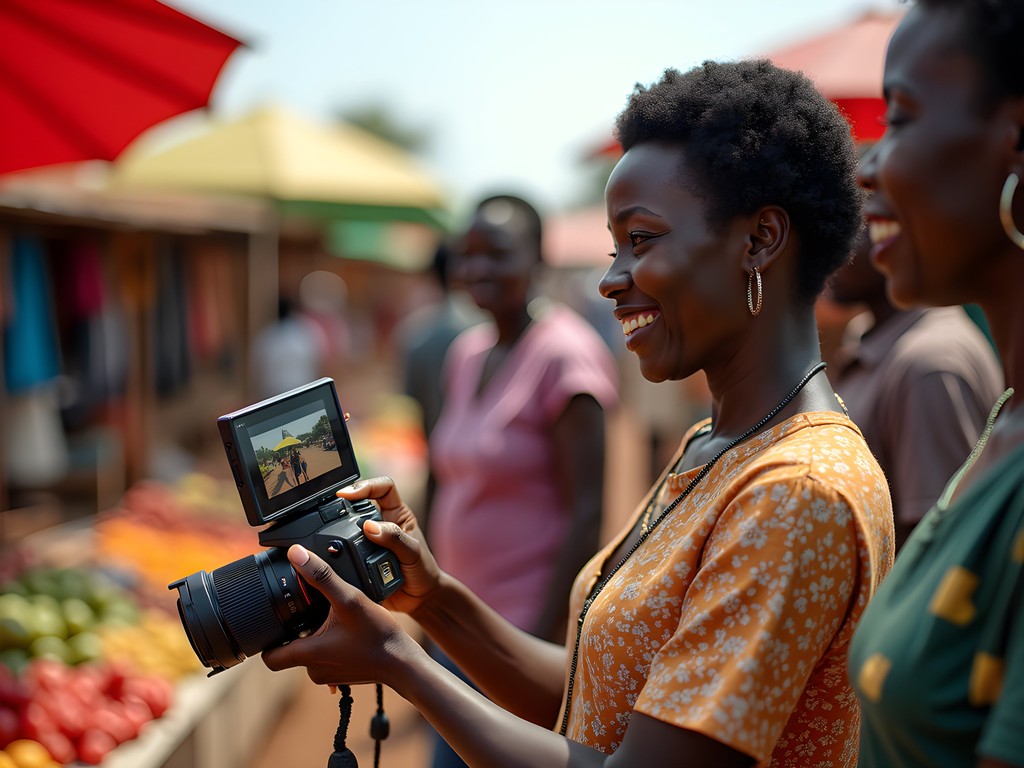 Photographer showing images to local vendors in Yamoussoukro market